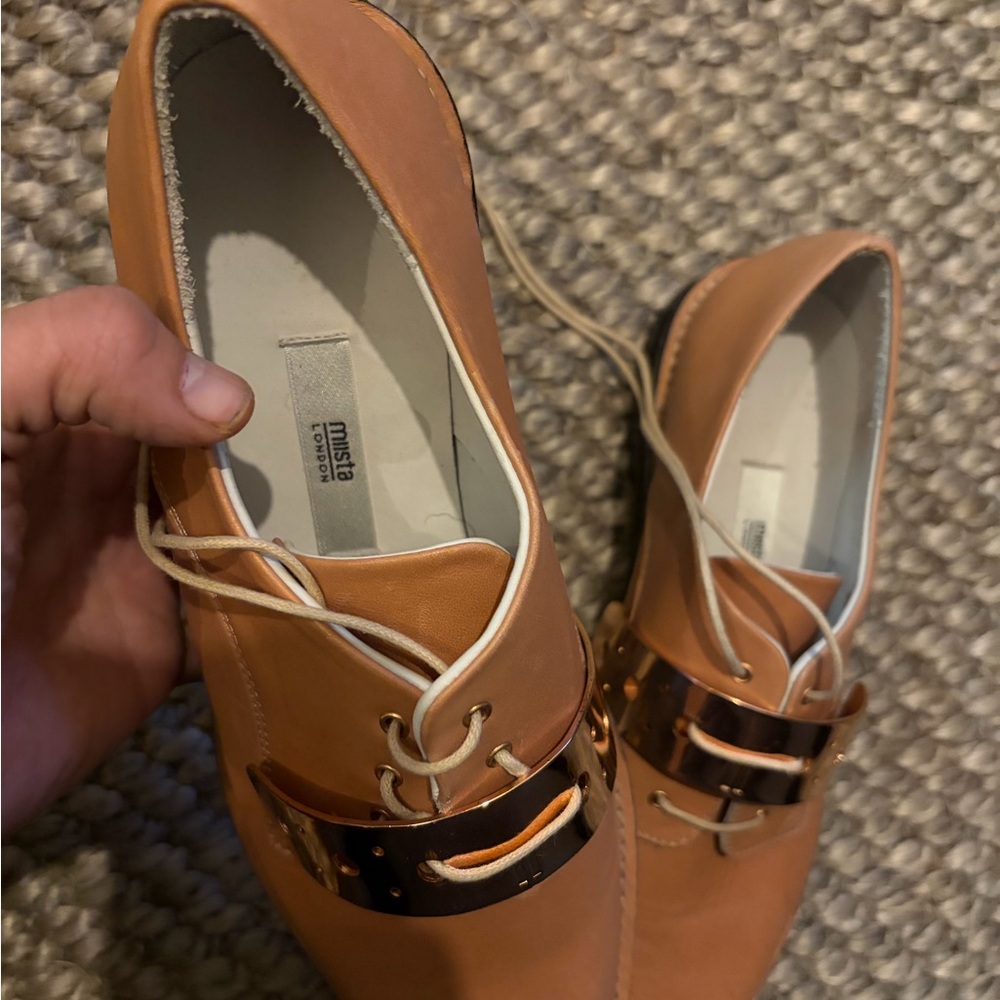 Miista Tan Leather Flats with Gold Accents